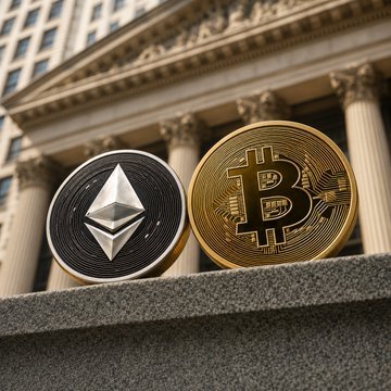 Physical representations of Ethereum and Bitcoin tokens placed in front of a neoclassical financial building.