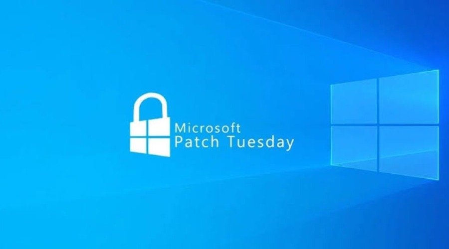A graphic featuring a padlock shaped like the Windows logo alongside the text 'Microsoft Patch Tuesday' on a blue Windows background.
