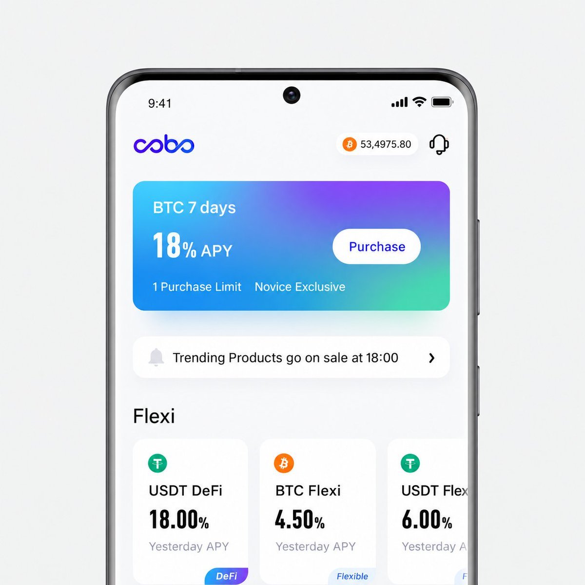 A smartphone screen showing the Cobo Wallet cryptocurrency app interface with yield products.