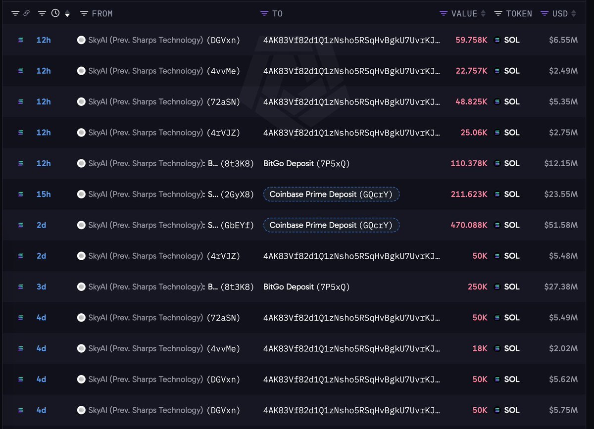 Table of on-chain cryptocurrency transactions detailing SkyAI Solana token transfers.