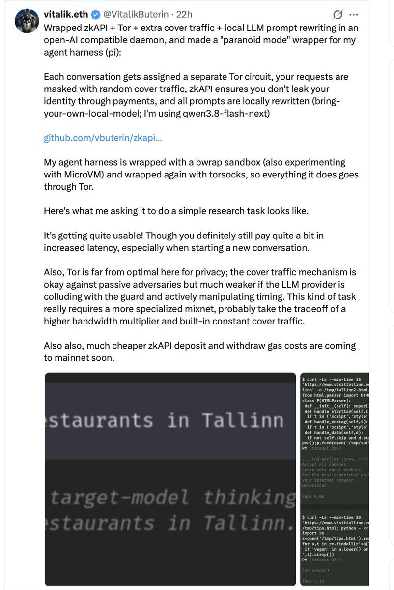 Screenshot of a social media post by Vitalik Buterin describing his paranoid mode privacy wrapper for AI agents.