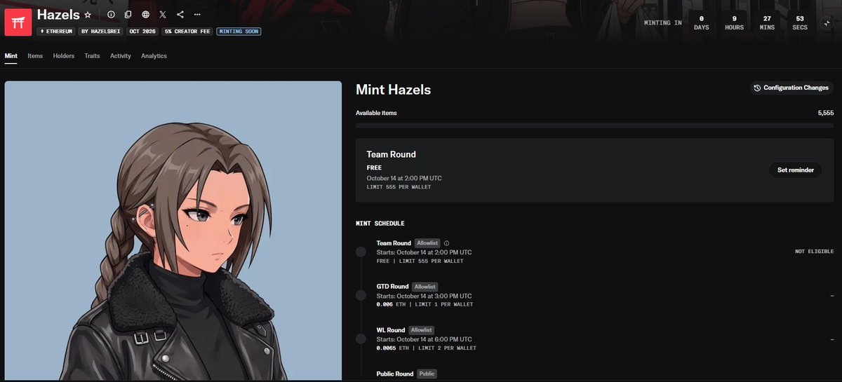 Screenshot of the Hazels NFT mint page on OpenSea showing collection artwork and the tiered mint schedule.