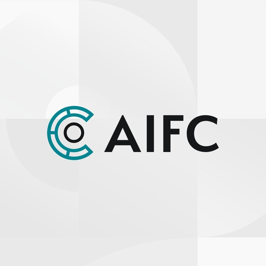 Astana International Financial Centre (AIFC) logo on a patterned light gray background.