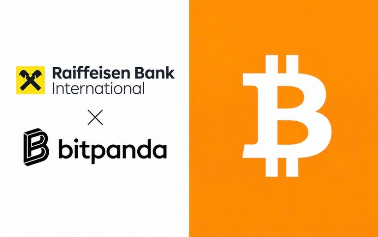 Graphic featuring the Raiffeisen Bank International and Bitpanda logos on the left next to a large white Bitcoin symbol on an orange background.
