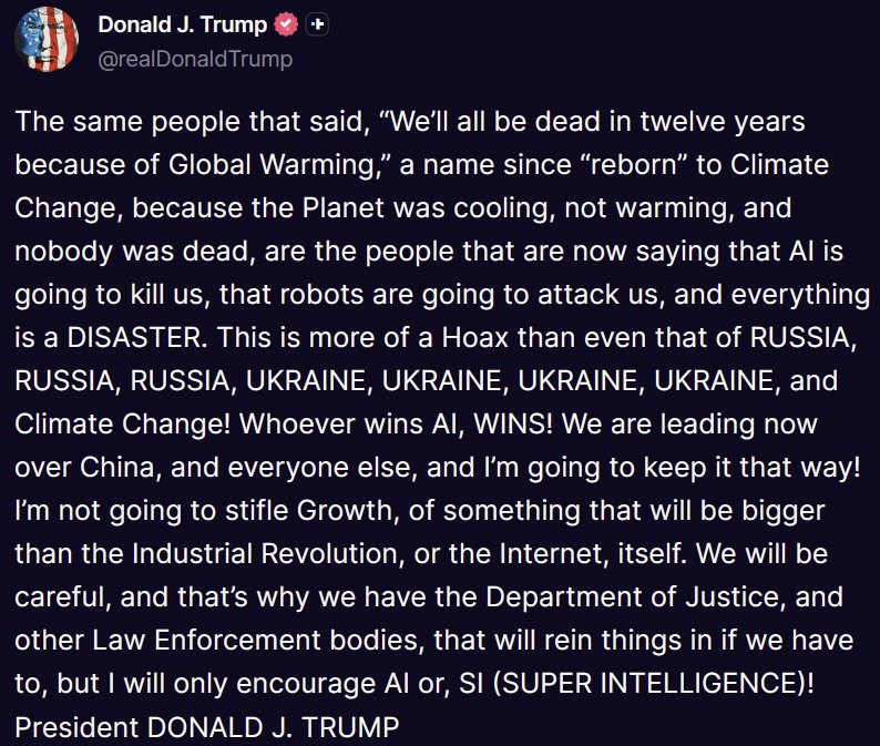 Screenshot of a Truth Social post by Donald J. Trump discussing artificial intelligence, national leadership, and technology regulation.