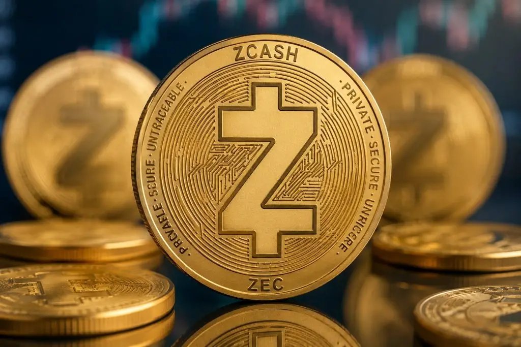 A close-up photograph of a gold Zcash commemorative coin featuring the ZEC symbol.