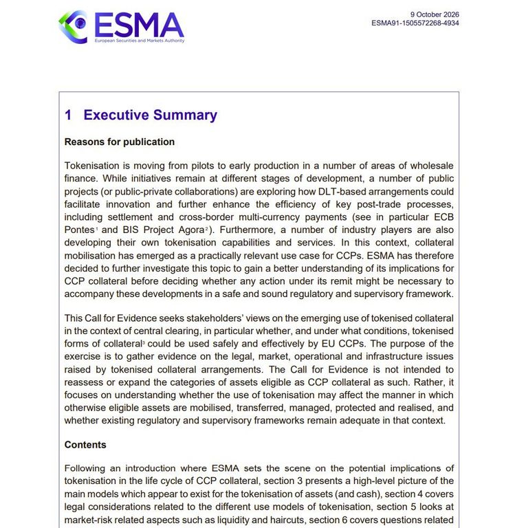 Executive summary page of the European Securities and Markets Authority (ESMA) call for evidence on tokenized collateral.