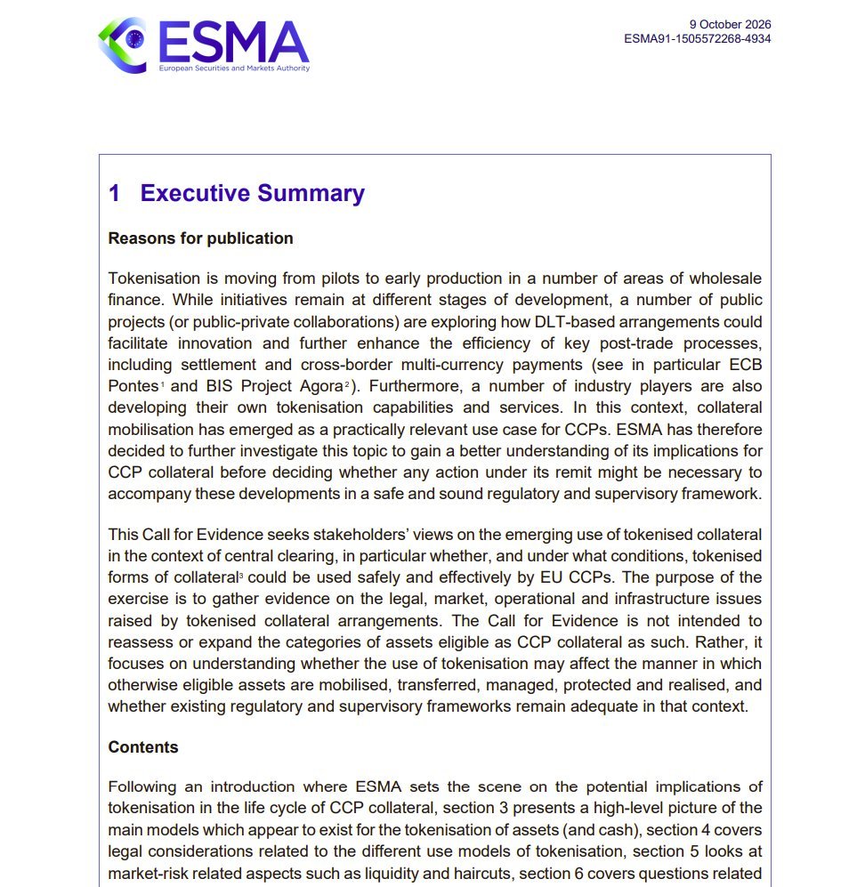 Executive summary page of the European Securities and Markets Authority (ESMA) call for evidence on tokenized collateral.