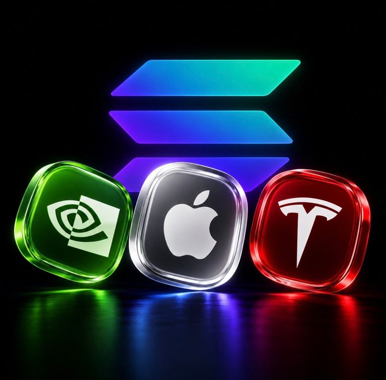 Graphic depicting token tokens featuring the Nvidia, Apple, and Tesla logos in front of the glowing Solana logo.