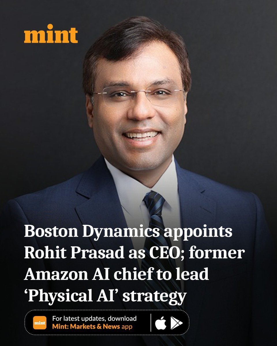 Portrait of Rohit Prasad in a suit and glasses with graphic text detailing his appointment as Boston Dynamics CEO.