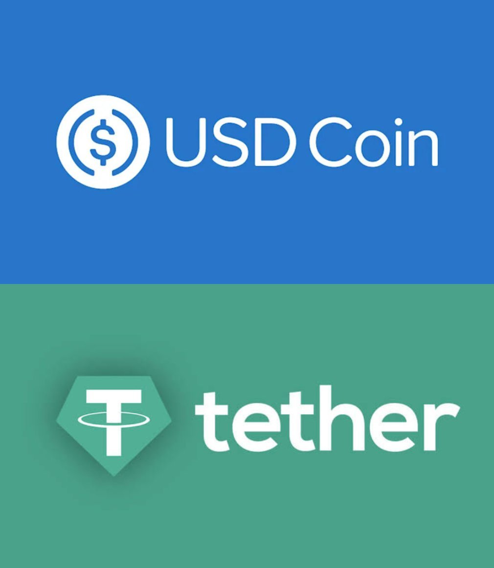 Graphic displaying the logos and names of USD Coin and Tether side by side on blue and green backgrounds.