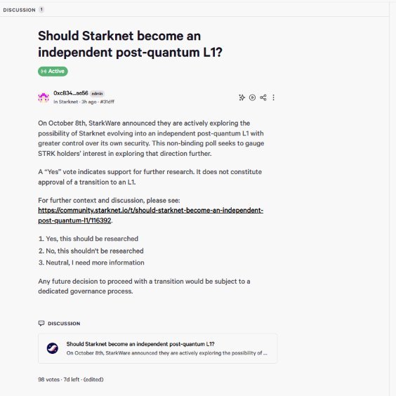 Screenshot of the Starknet Snapshot governance proposal titled 'Should Starknet become an independent post-quantum L1?'