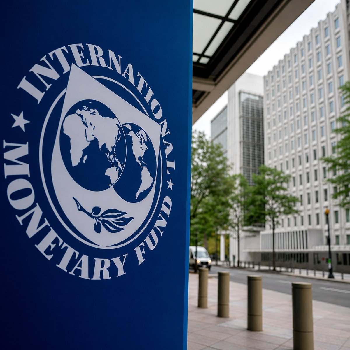 International Monetary Fund emblem on a blue sign outside an office building.