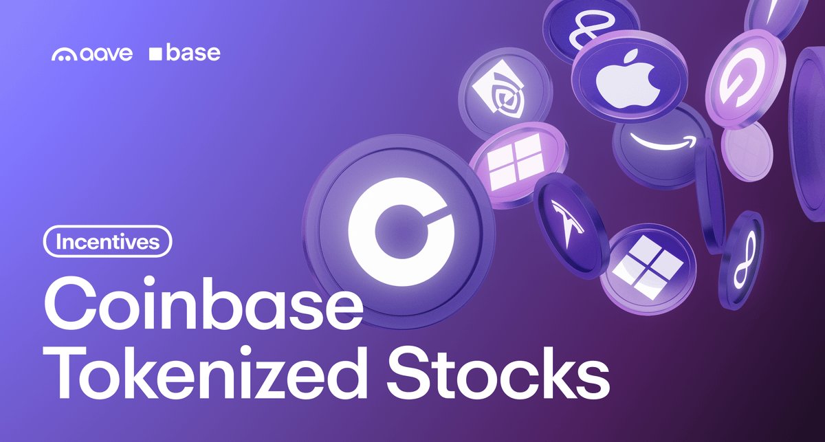Graphic announcing Aave DAO incentives for Coinbase tokenized stocks on Base, depicting digital coins emblazoned with company logos including Apple, Microsoft, Tesla, and Nvidia.