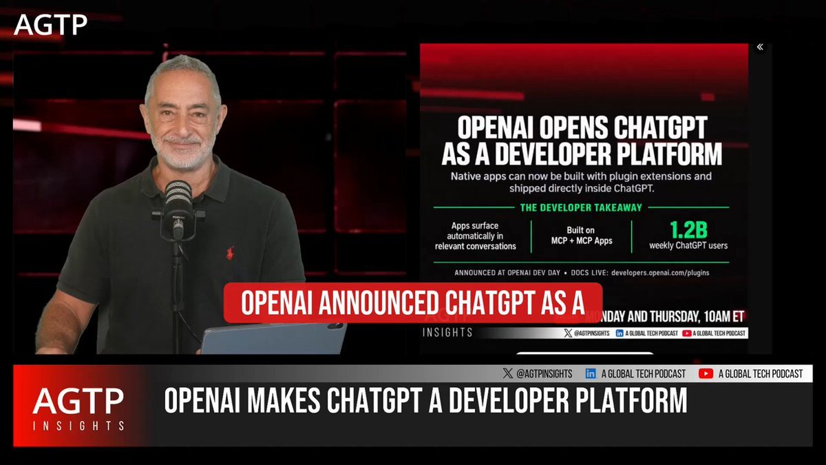A video presentation graphic summarizing OpenAI's announcement opening ChatGPT as a developer platform using plugin extensions and MCP.