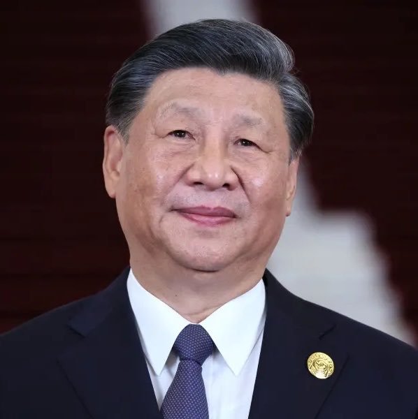 Portrait of Chinese leader Xi Jinping wearing a dark suit and purple tie.