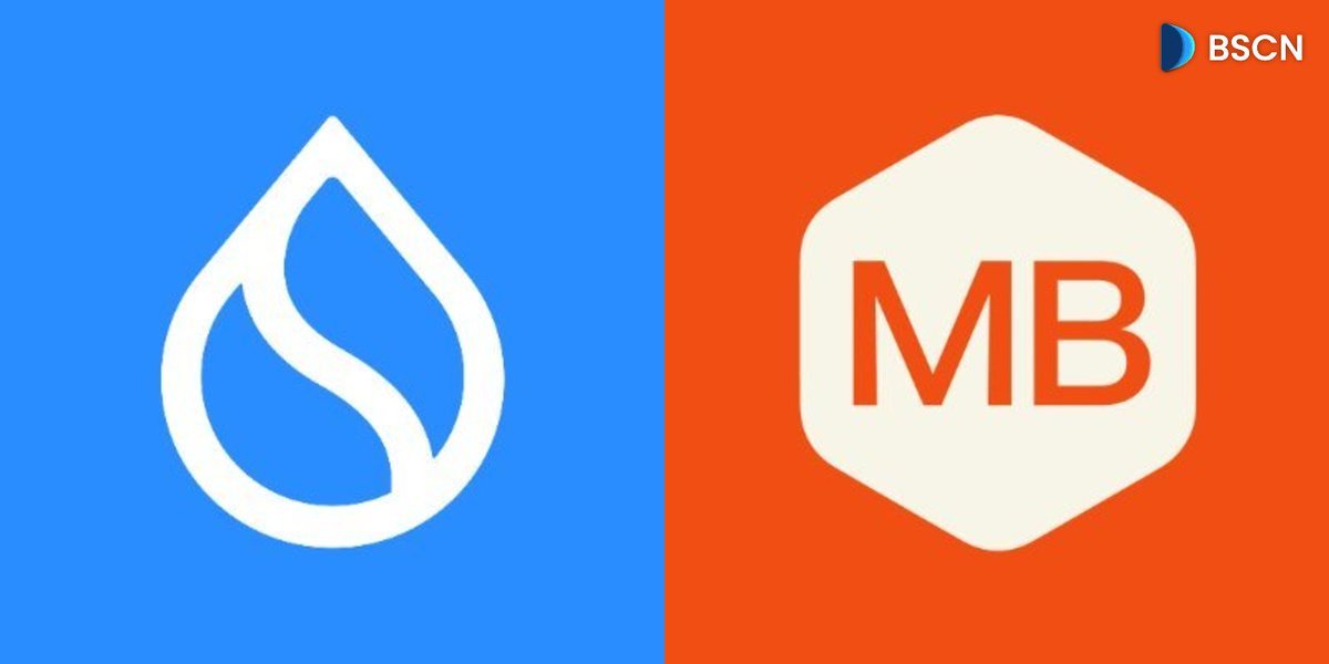Sui droplet logo on a blue background alongside the Mercado Bitcoin hexagonal logo on an orange background.