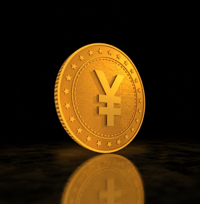 Digital 3D rendering of a gold cryptocurrency coin engraved with the Japanese yen symbol.