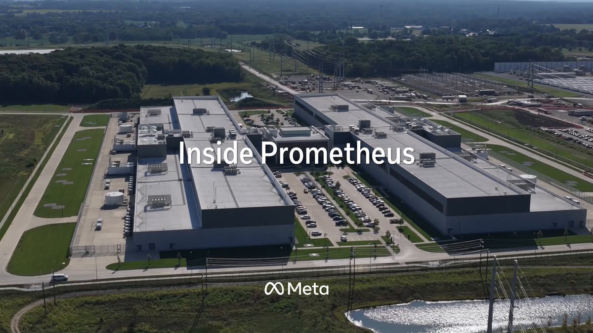 Aerial view of Meta's Prometheus data center campus with the text 'Inside Prometheus' overlaying the facility.