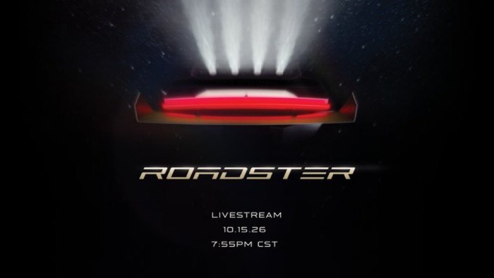 Tesla promotional teaser image displaying the rear outline of the Roadster with text reading 'ROADSTER LIVESTREAM 10.15.26 7:55PM CST'.