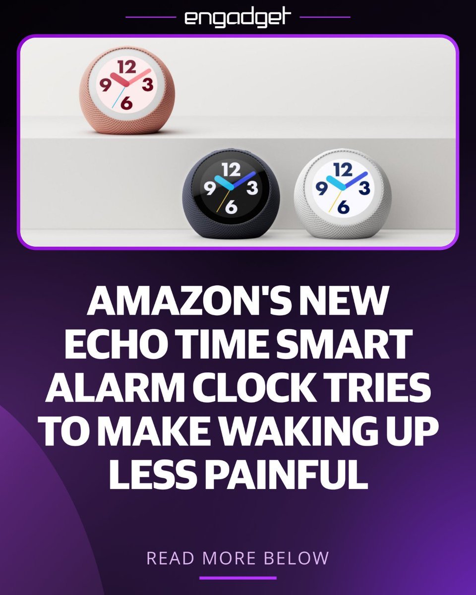 Three Amazon Echo Time smart alarm clocks shown in peach, dark gray, and white with round digital clock faces.