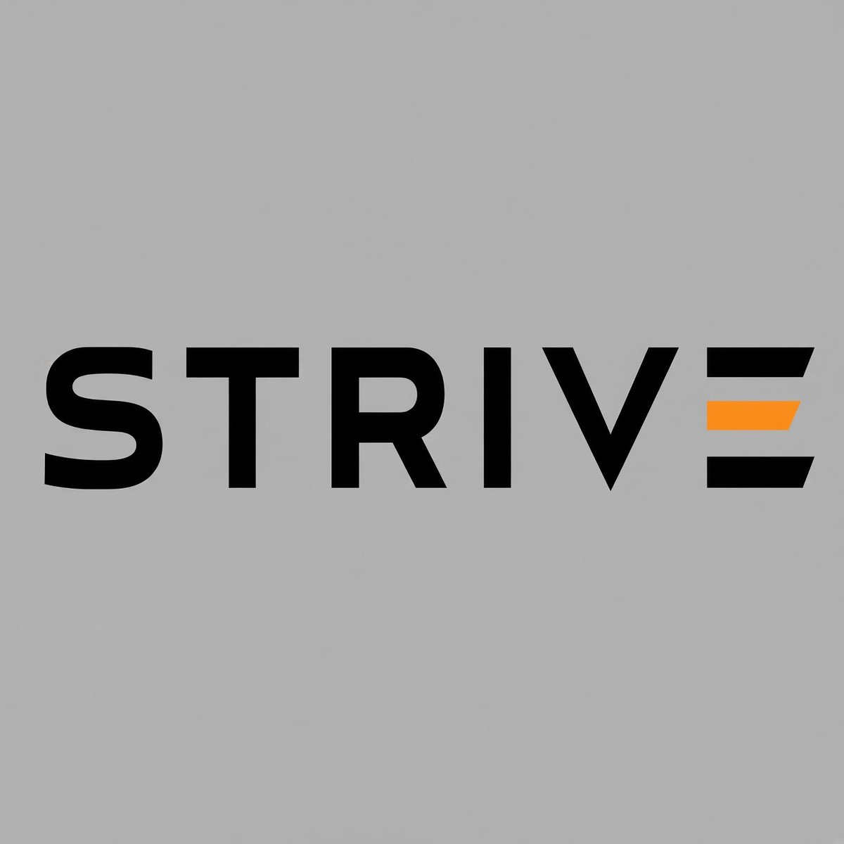 Strive logo in black letters with an orange accent line on a gray background