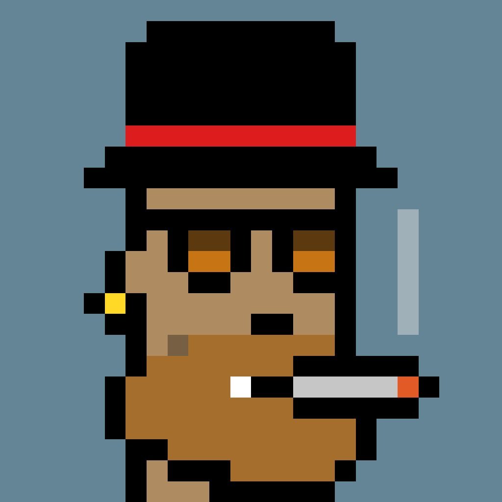 Pixel art avatar of CryptoPunk #8348 wearing a top hat, shades, and an earring, with a beard and a cigarette.