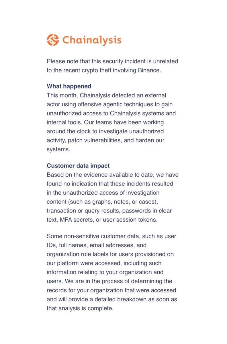 Security notice from Chainalysis detailing the unauthorized access incident, agentic techniques used, and affected customer data.