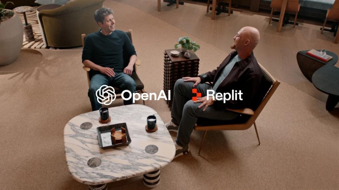 OpenAI CEO Sam Altman and Replit CEO Amjad Masad seated in conversation, overlaid with OpenAI and Replit logos.