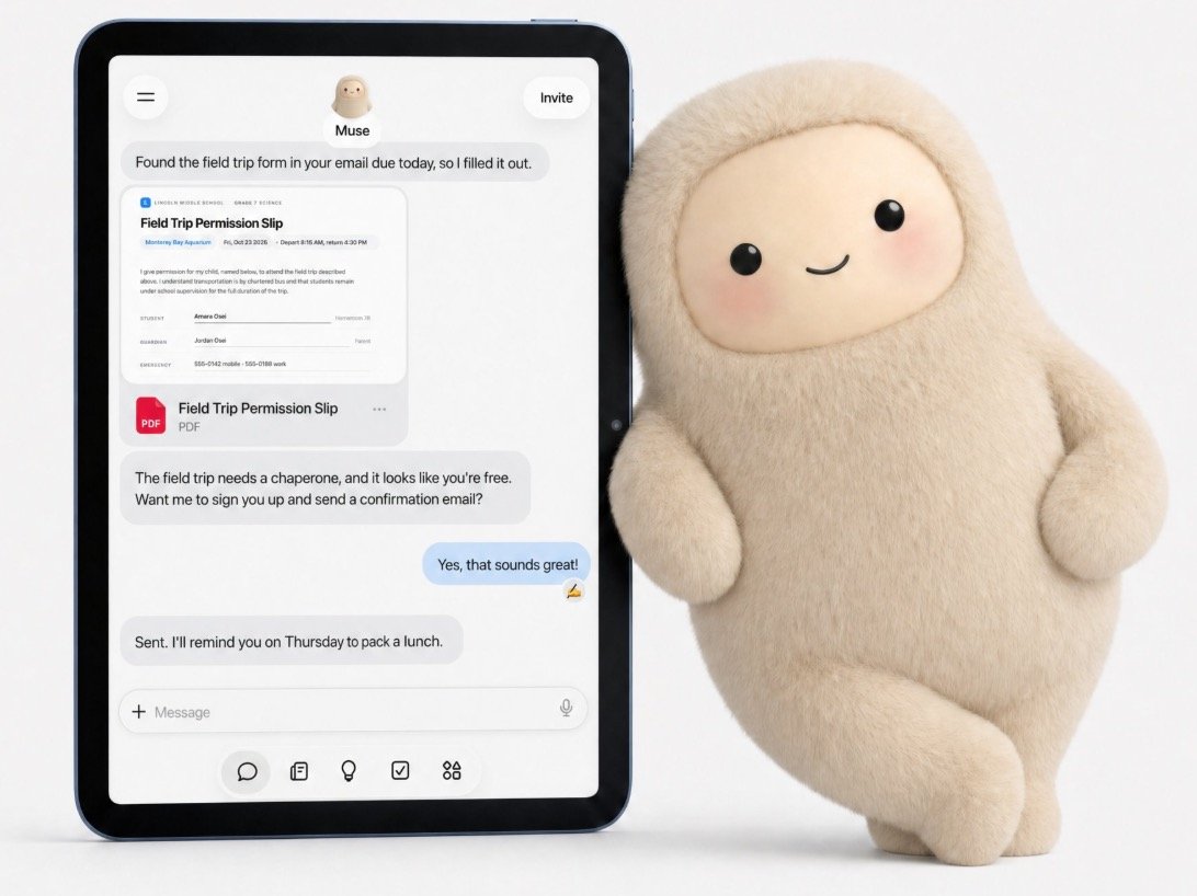 An iPad displaying the Meta Muse AI chat interface next to a plush animated character mascot.