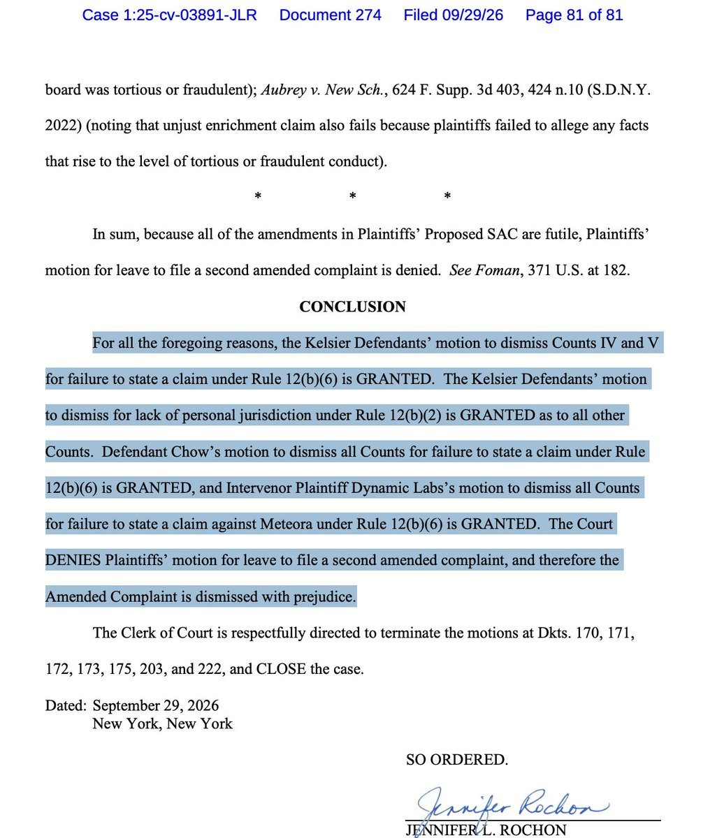 Page 81 of the court ruling signed by Judge Jennifer Rochon granting the motions to dismiss and dismissing the amended complaint with prejudice.