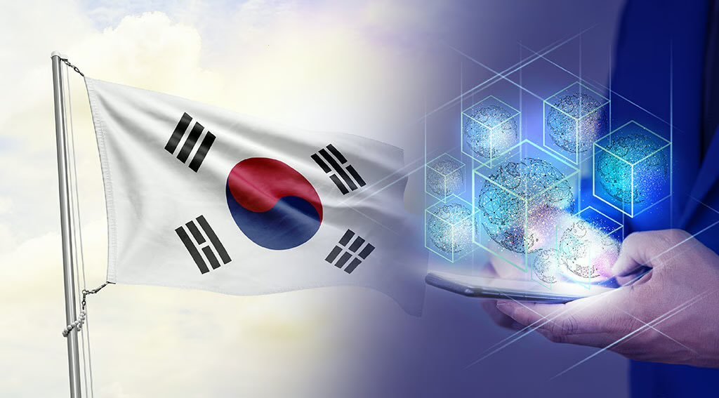 An illustration showing the flag of South Korea next to a person holding a smartphone emitting glowing 3D blockchain cubes.