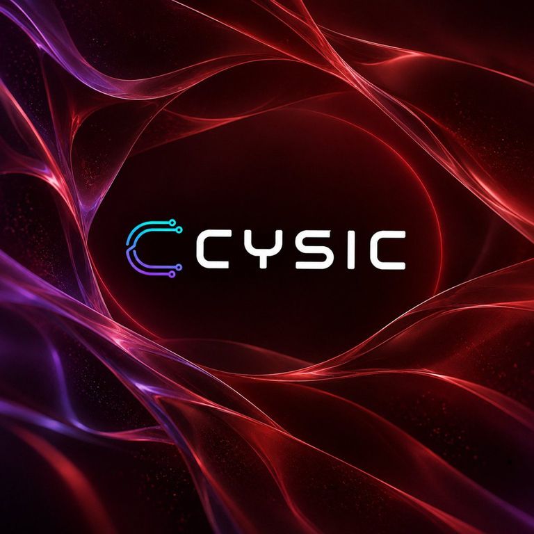 Cysic logo displayed against an abstract dark and reddish-purple wave background.