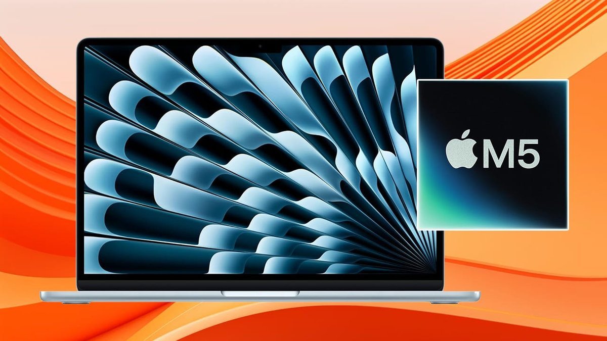 Front view of an Apple MacBook Air laptop next to an Apple M5 chip graphic on an orange background.