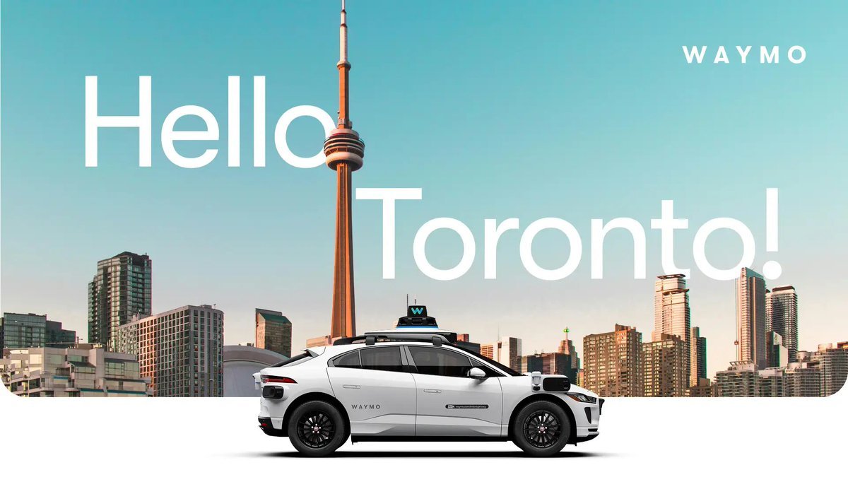 Waymo graphic showing an autonomous vehicle in front of the Toronto skyline and the CN Tower with the text 'Hello Toronto!'.