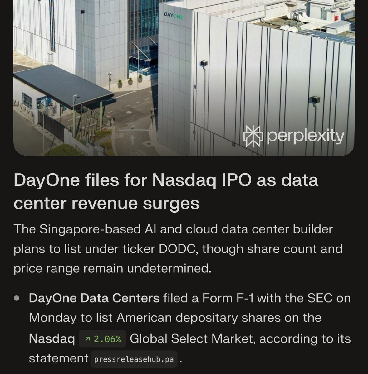 A news card featuring a view of a DayOne data center building with text detailing its US IPO filing.