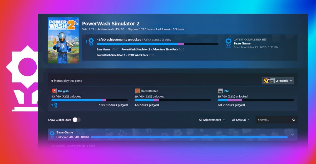 Screenshot of Steam's interface displaying the Achievement Sets feature with separated progress bars for a game's base achievements and DLC packs.
