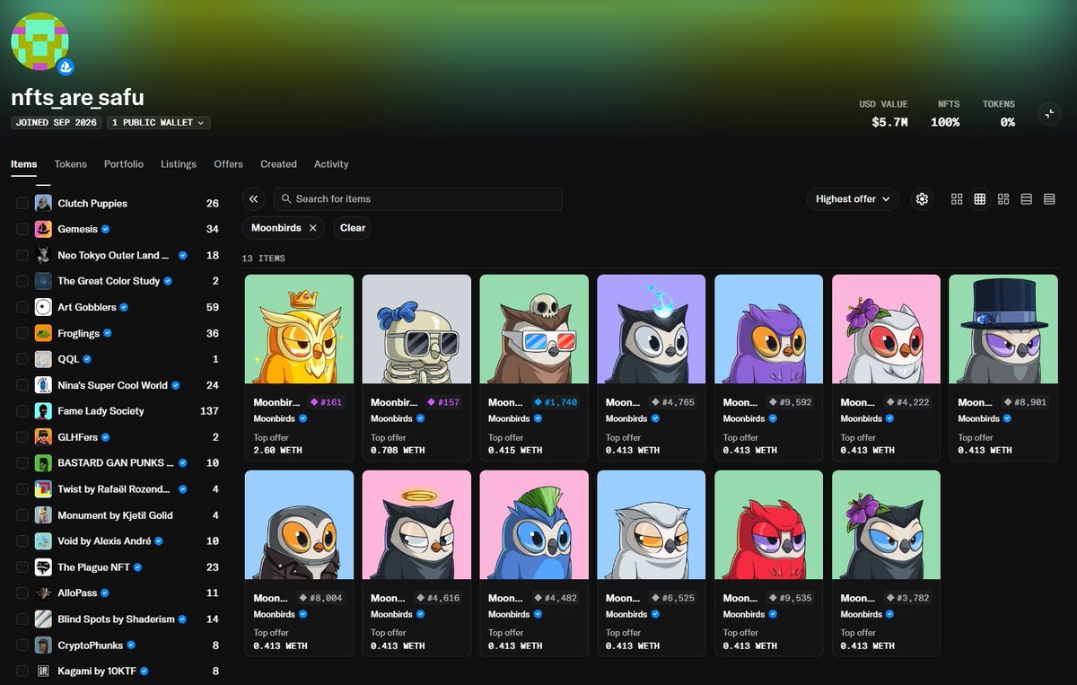 Screenshot of an OpenSea wallet named nfts_are_safu displaying rescued NFTs and a total valuation of $5.7M.