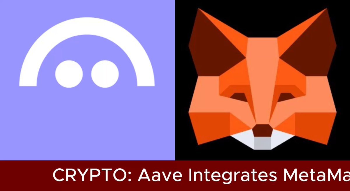 Side-by-side graphic featuring the Aave logo on the left and the MetaMask fox logo on the right with a news banner at the bottom.