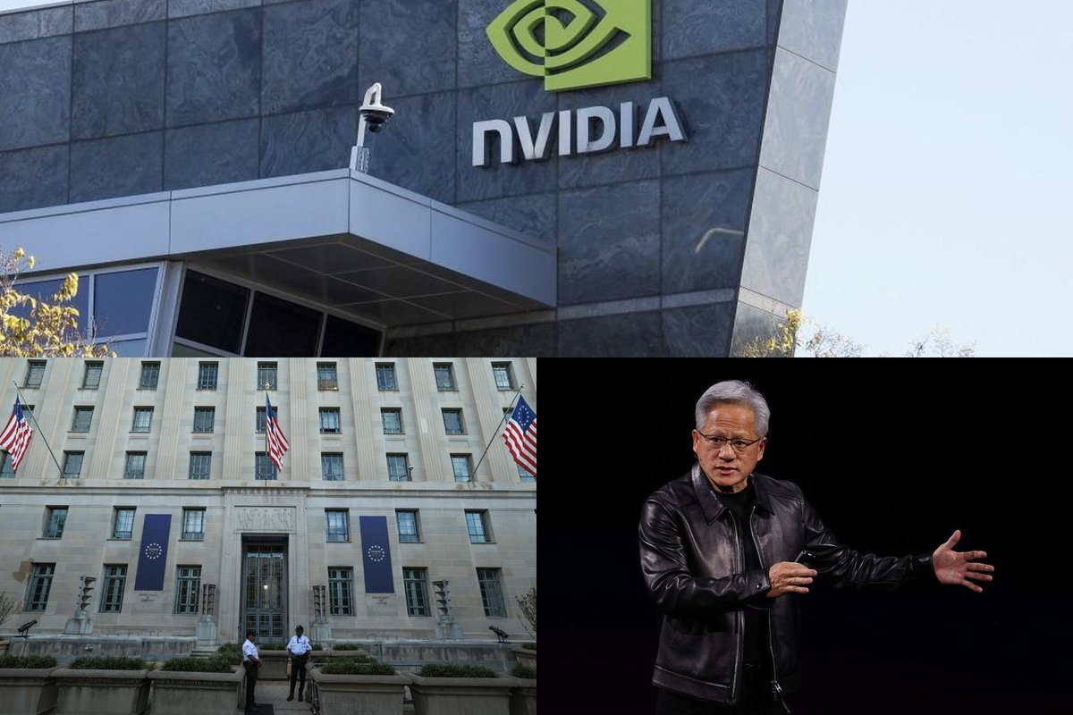 A composite image showing the exterior of Nvidia headquarters, the US Department of Justice building, and Nvidia CEO Jensen Huang speaking.