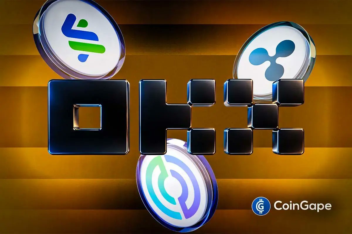 Graphic depicting the OKX logo surrounded by medallions featuring the logos of Standard Chartered, Ripple, and Circle against a gold striped background.