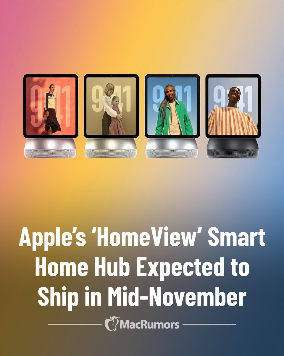 Graphic depicting four color variants of the reported Apple HomeView smart display hub, featuring screens mounted on rounded bases.