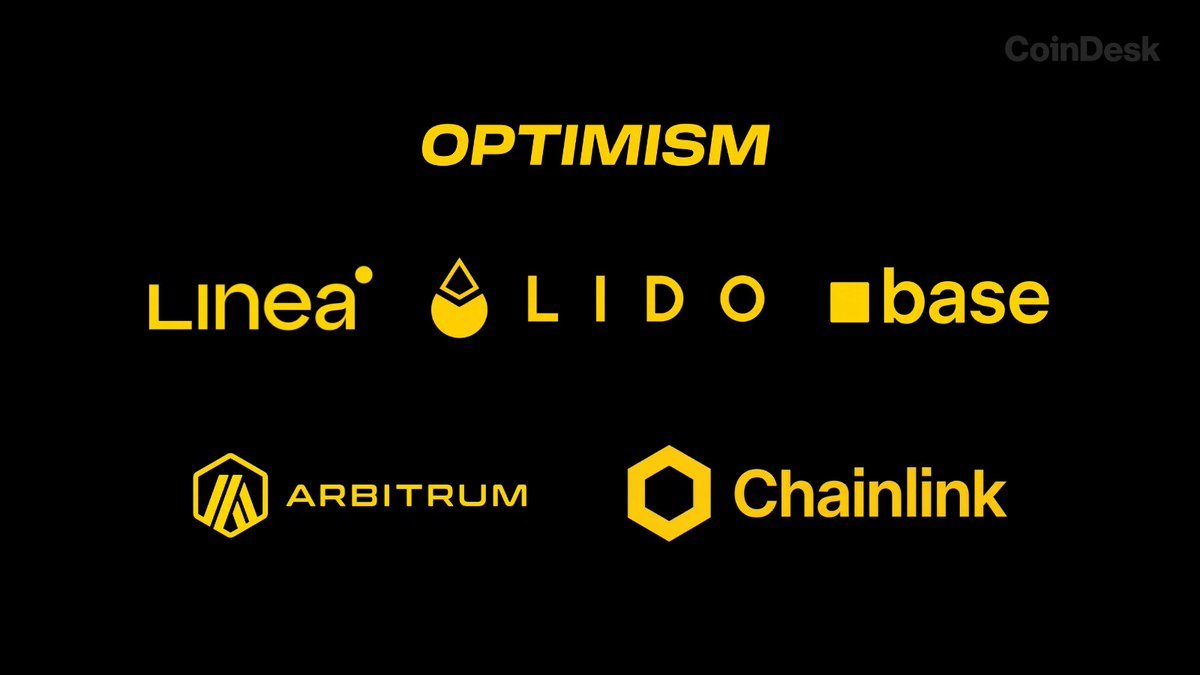 Graphic displaying the logos and names of Lido, Optimism, Linea, Base, Arbitrum, and Chainlink against a black background.