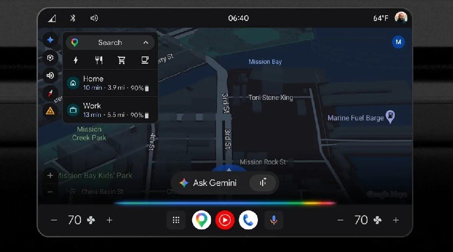 An in-car dashboard screen showing the Android Auto navigation interface with an 'Ask Gemini' voice assistant prompt.