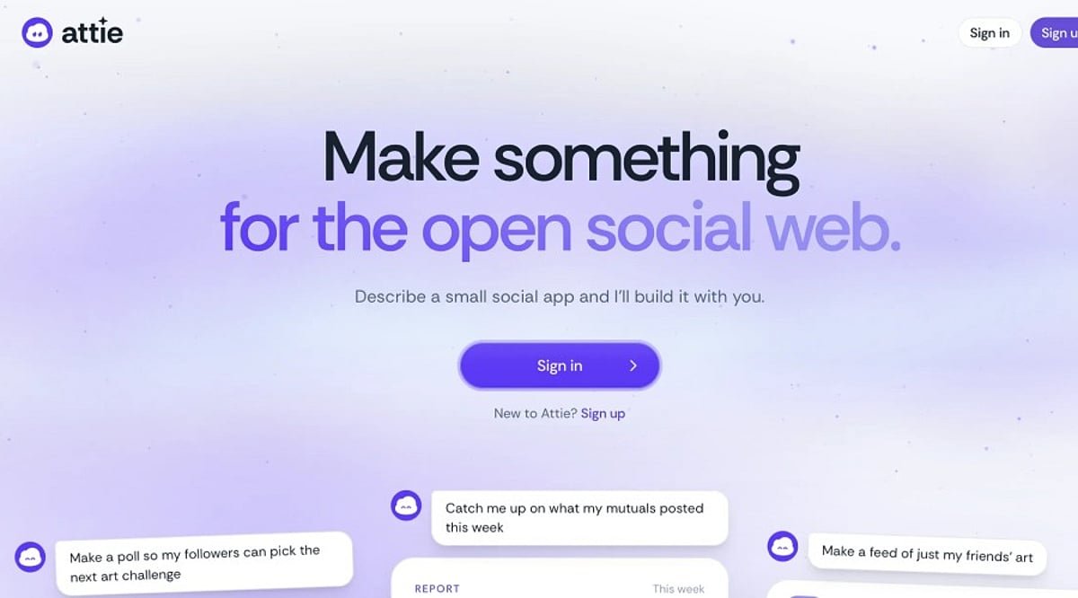 Screenshot of the Bluesky Attie landing page featuring the headline 'Make something for the open social web' and example prompt bubbles.