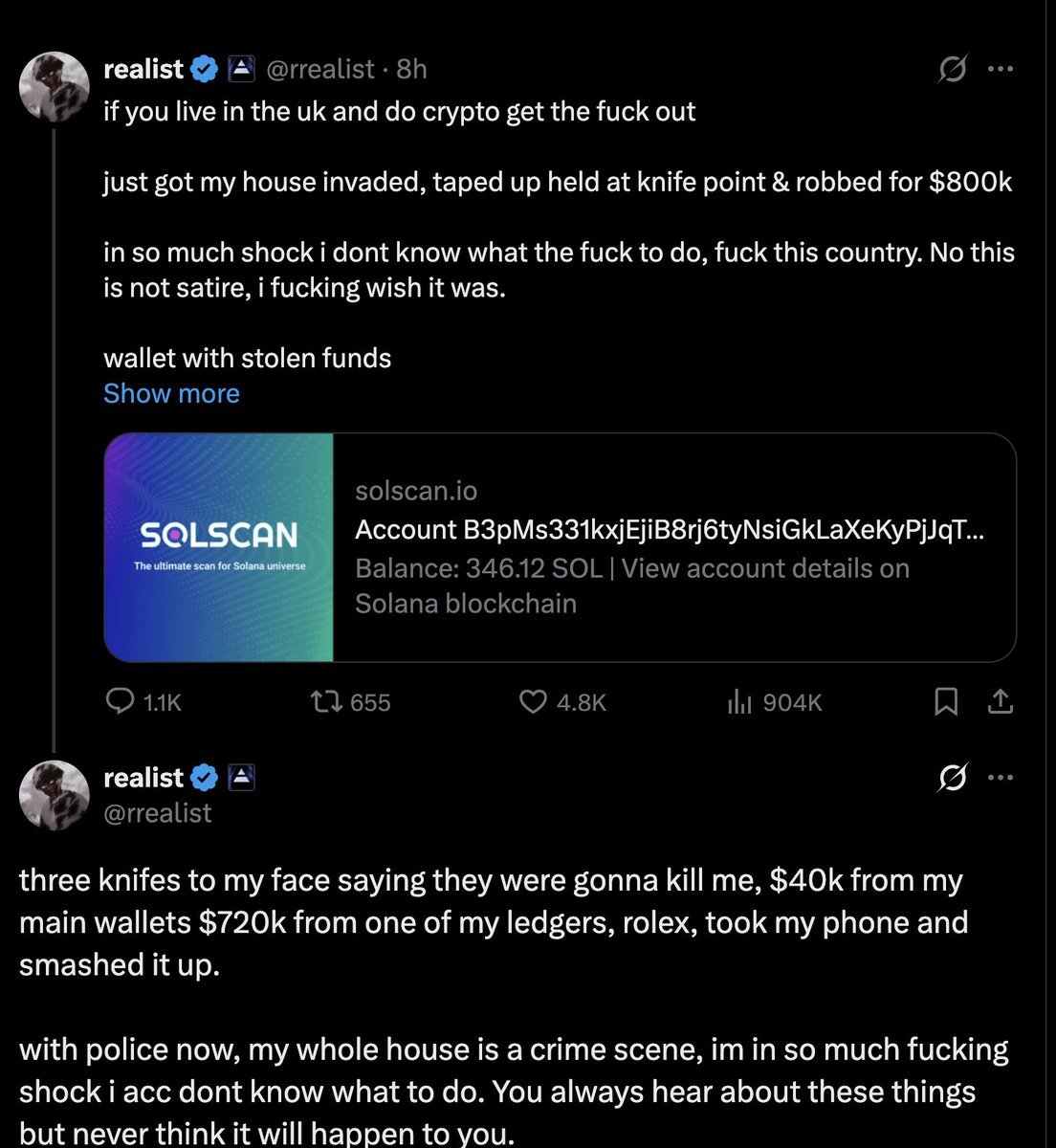 Screenshot of social media posts by crypto trader @rrealist describing an $800,000 robbery during a UK home invasion.
