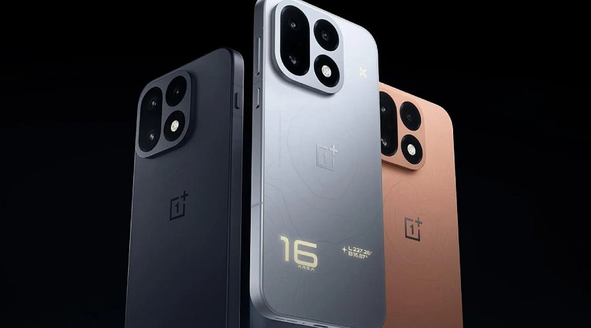Renderings of the OnePlus 16 smartphone shown in dark gray, silver, and copper finishes highlighting the rear camera module.