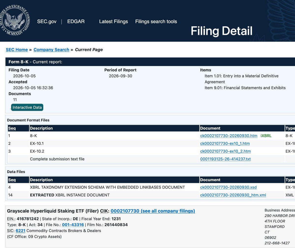 Screenshot of an SEC EDGAR filing detail page for a Form 8-K report by Grayscale Hyperliquid Staking ETF, filed October 5, 2026.