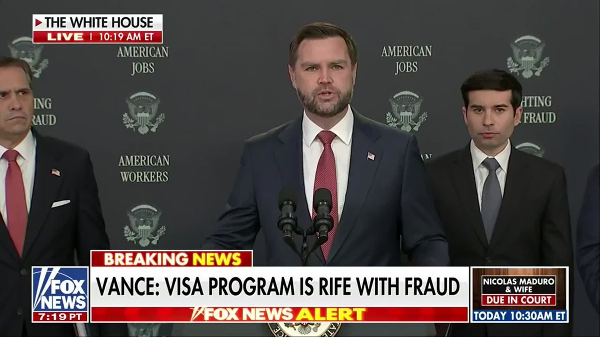 Vice President JD Vance speaks at a podium during a live White House press briefing broadcast by Fox News.
