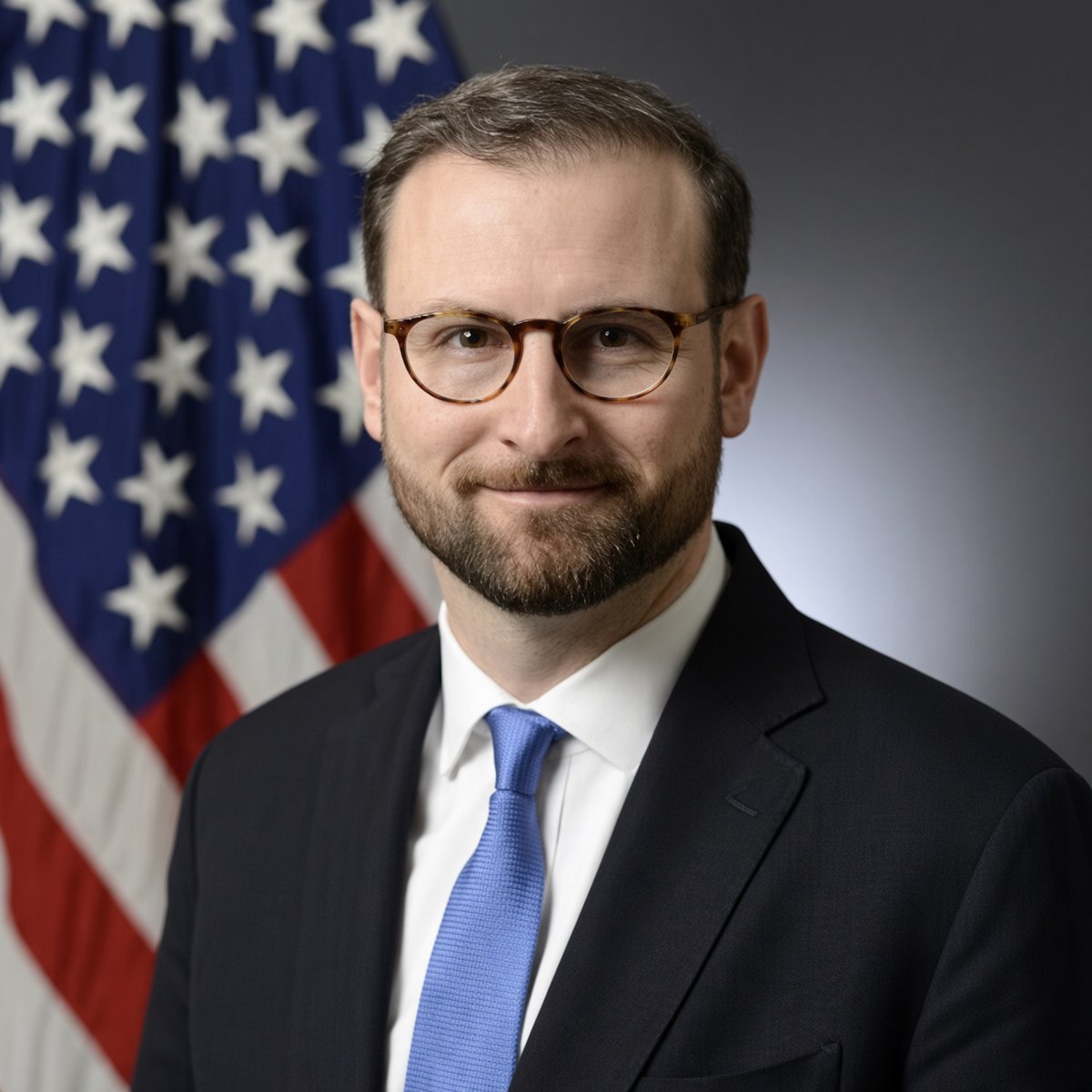 Portrait of Patrick Witt in a suit and tie in front of the American flag.